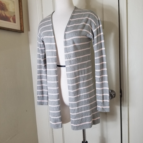 GAP S gray pink stripe 3/4 sleeve open front cardigan sweater - Picture 3 of 7